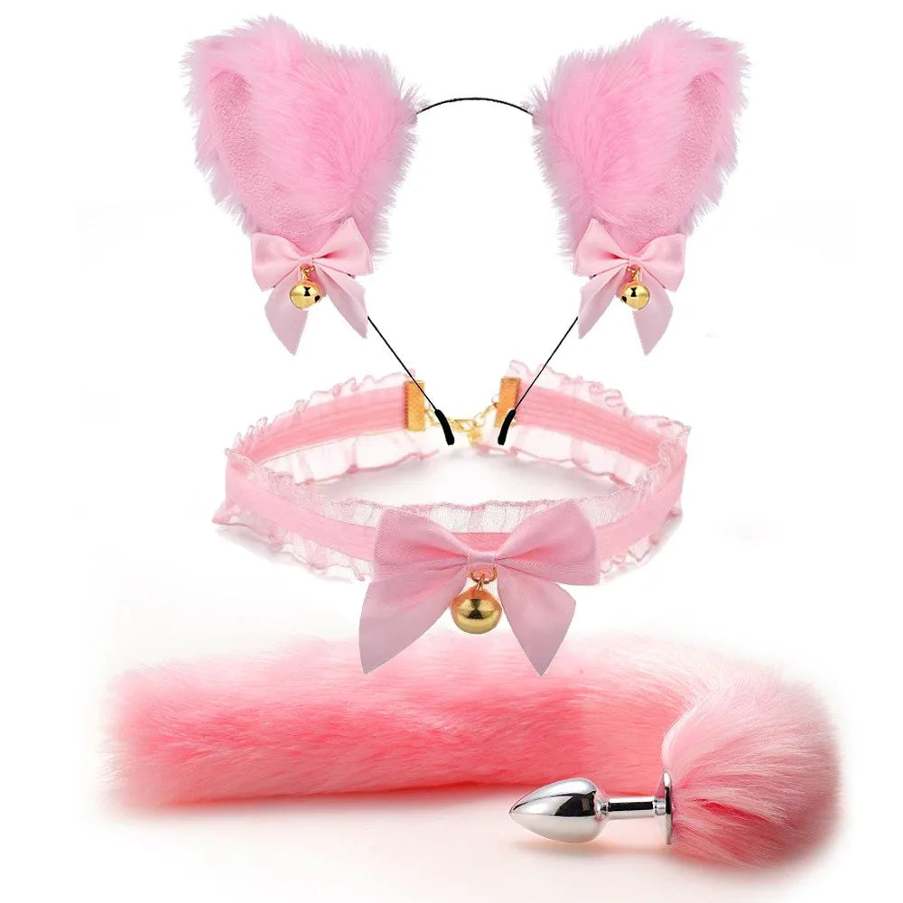 Cute Fox Tail Anal Plug Bow-Knot Soft Cat Ears Headbands Collar Erotic Cosplay Couples Accessories SM Sex Toys for Female Male
