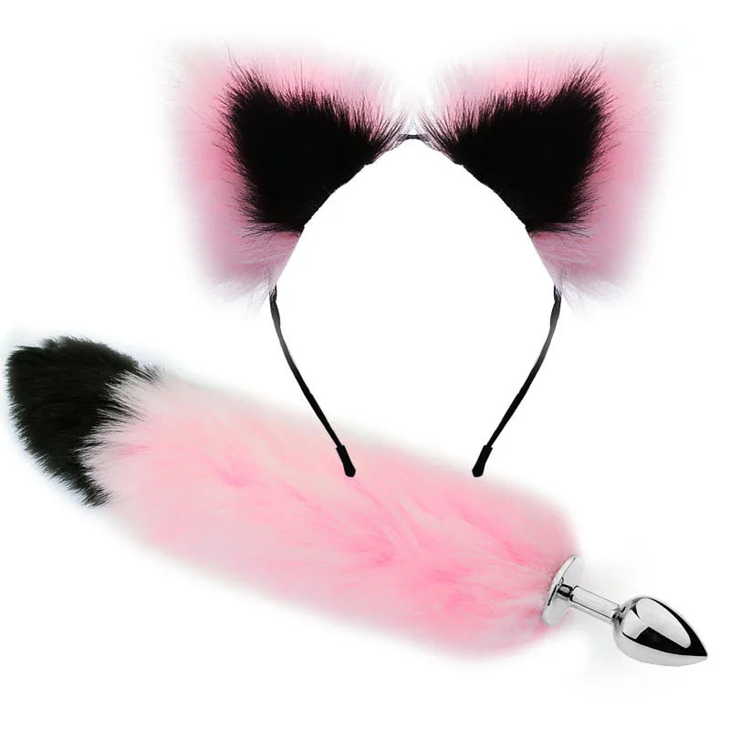 Cute Fox Tail Anal Plug Bow-Knot Soft Cat Ears Erotic Cosplay Couples Accessories SM Sex Toys for Female Male