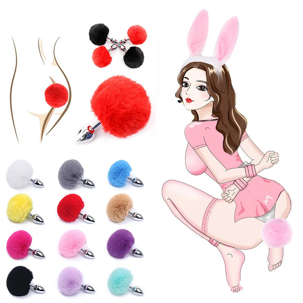 Metal Plush Rabbit Tail Anal Plug Prostate Massager Butt Plug Rabbit Ear BDSM Cosplay Erotic Sex Toys for Women Adults Sex Game