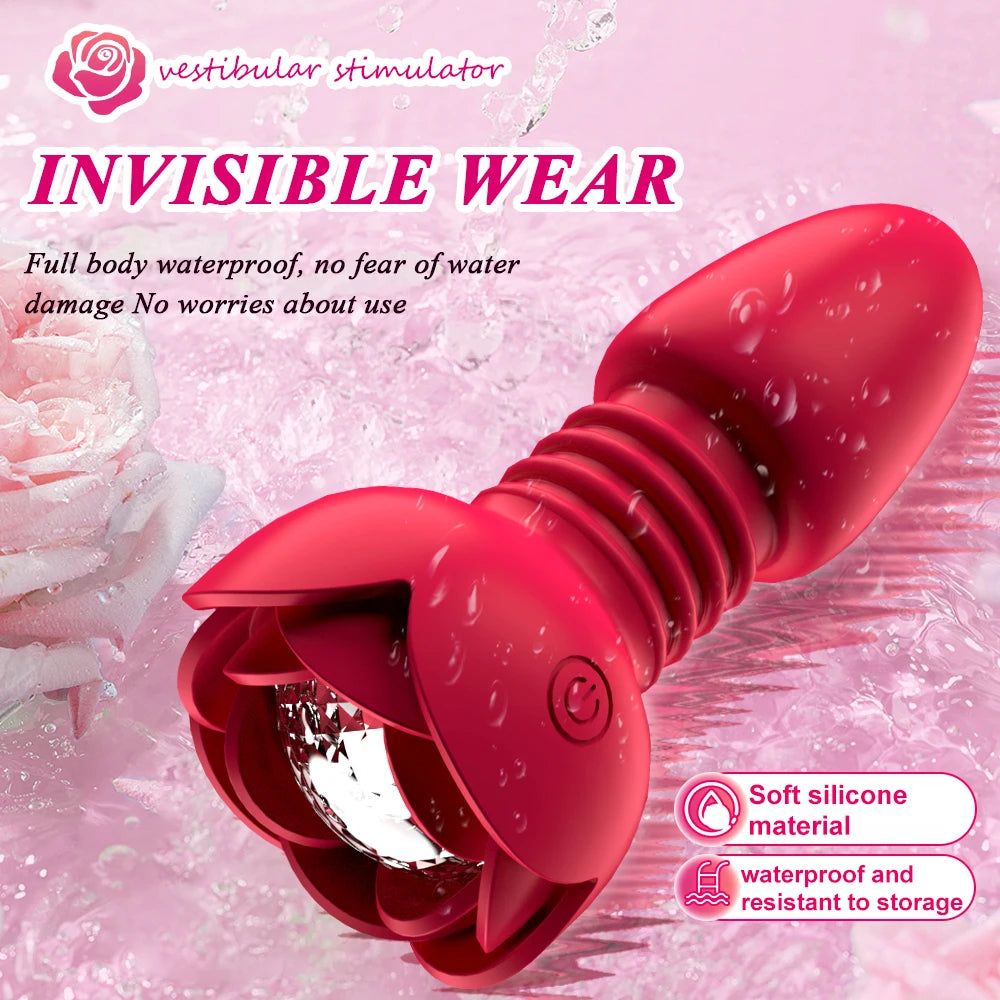 Telescopic Rose Anal Butt Plug Vibrator Wireless Remote Prostate Massager Female Vagina Masturbator for Adult Sex Toys for Women Men