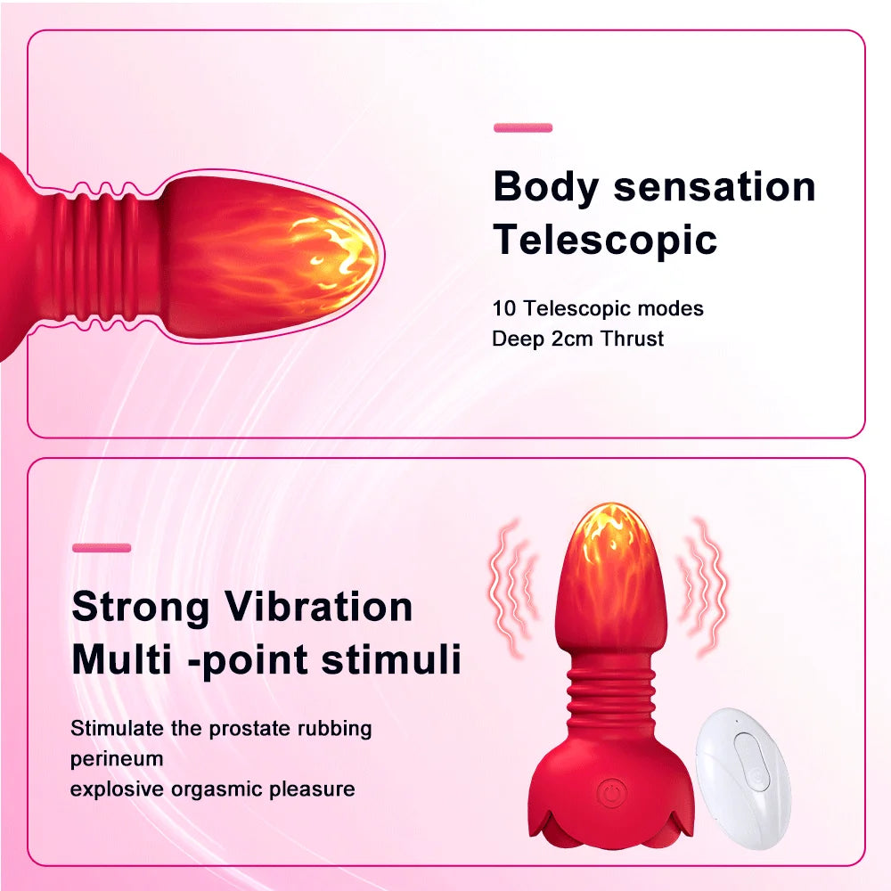 Telescopic Rose Anal Butt Plug Vibrator Wireless Remote Prostate Massager Female Vagina Masturbator for Adult Sex Toys for Women Men