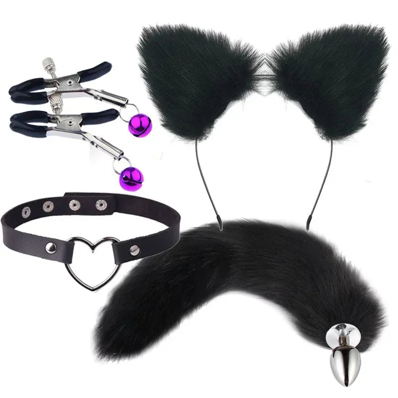 Cute Fox Tail Anal Plug Cat Ears Headbands Set Nipple Clip Neck Collar Erotic Cosplay Sex Toys For Women