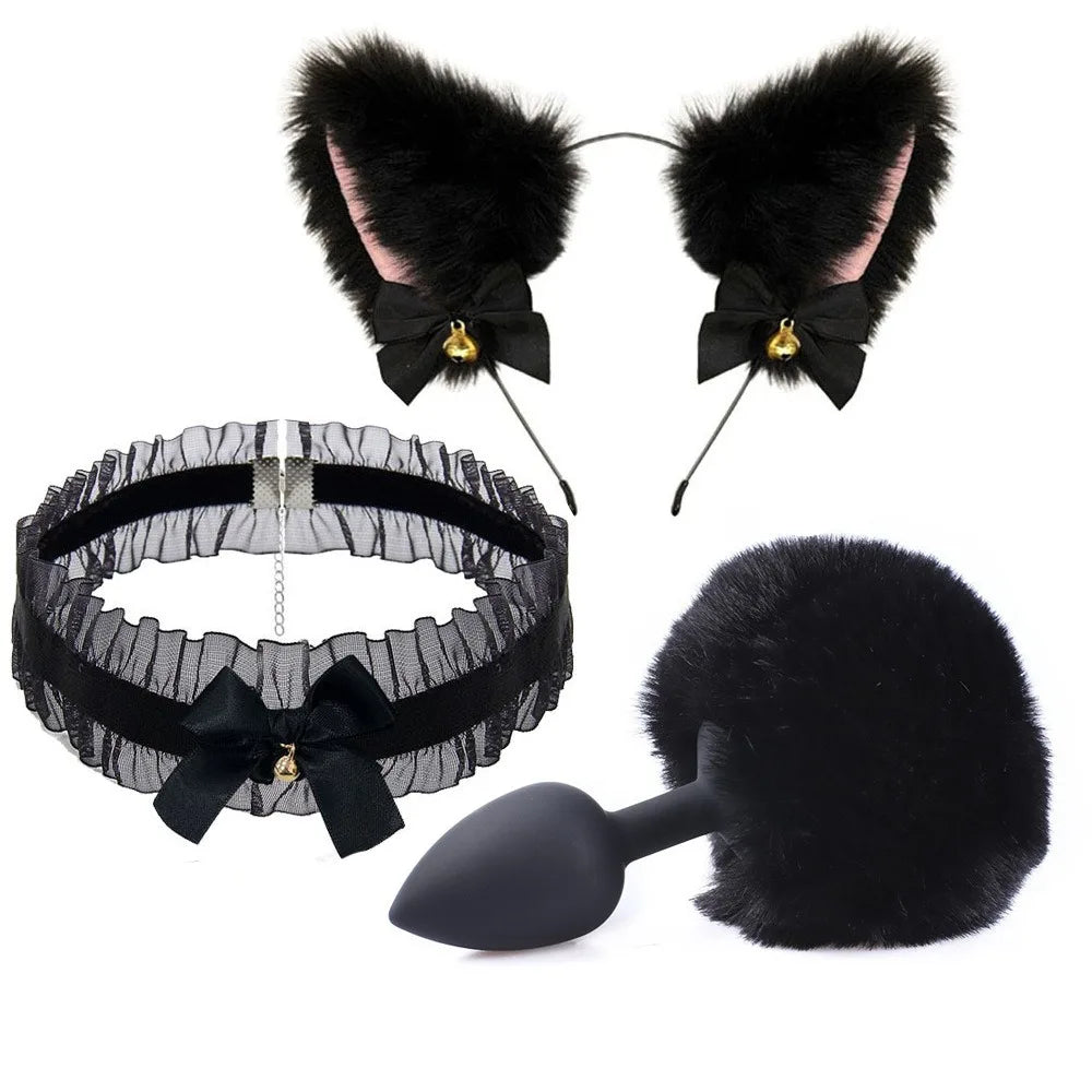 Cute Fox Tail Anal Plug Bow-Knot Soft Cat Ears Headbands Collar Erotic Cosplay Couples Accessories SM Sex Toys for Female Male