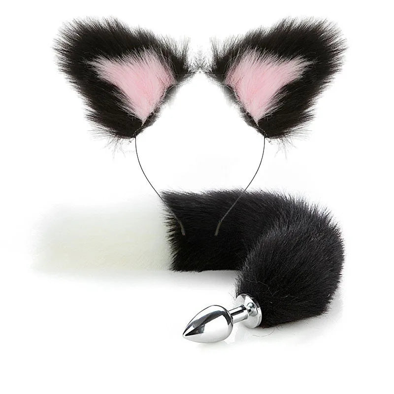 Cute Fox Tail Anal Plug Bow-Knot Soft Cat Ears Erotic Cosplay Couples Accessories SM Sex Toys for Female Male