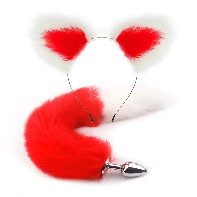 Cute Fox Tail Anal Plug Bow-Knot Soft Cat Ears Erotic Cosplay Couples Accessories SM Sex Toys for Female Male