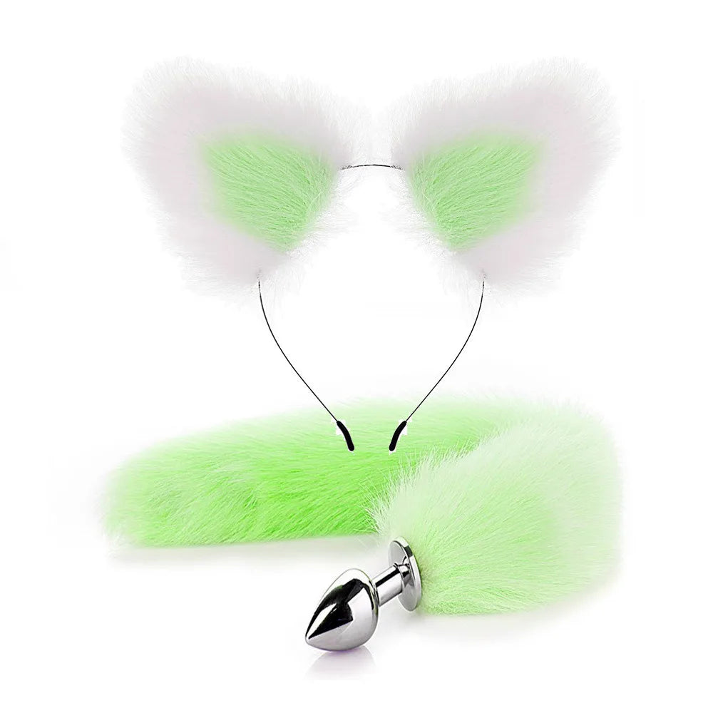 Cute Fox Tail Anal Plug Bow-Knot Soft Cat Ears Erotic Cosplay Couples Accessories SM Sex Toys for Female Male