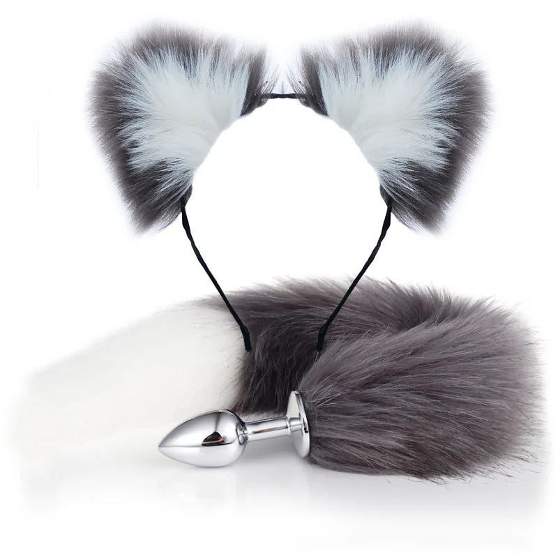 Cute Fox Tail Anal Plug Bow-Knot Soft Cat Ears Erotic Cosplay Couples Accessories SM Sex Toys for Female Male