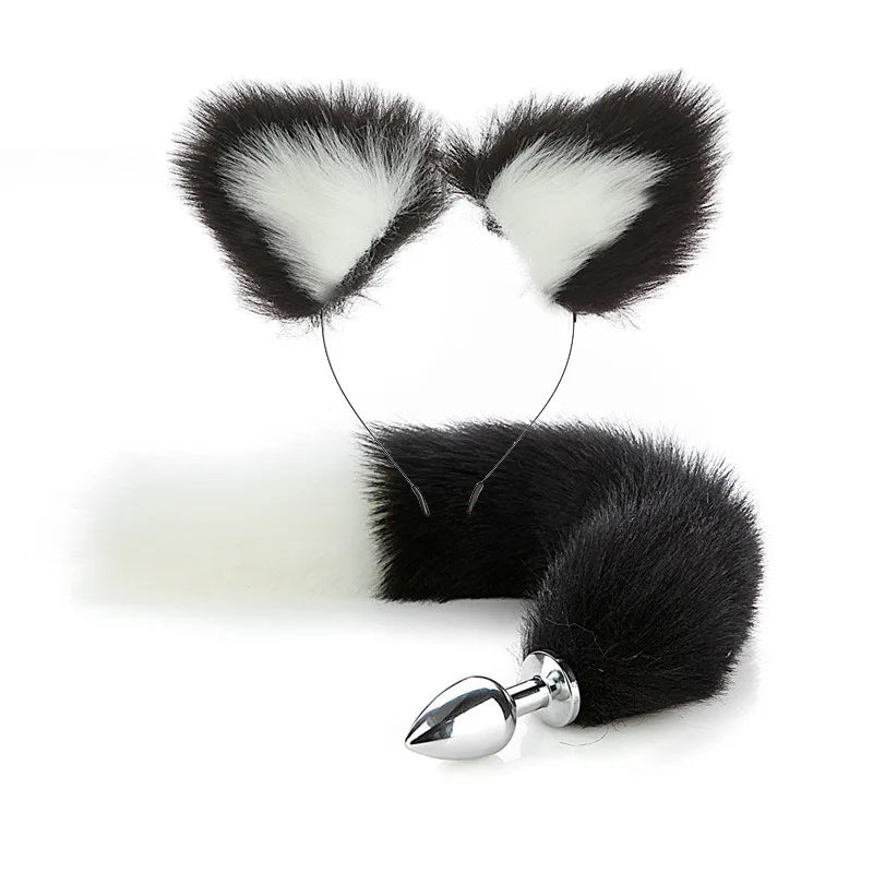 Cute Fox Tail Anal Plug Bow-Knot Soft Cat Ears Erotic Cosplay Couples Accessories SM Sex Toys for Female Male