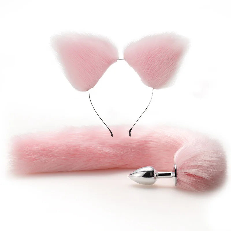 Cute Fox Tail Anal Plug Bow-Knot Soft Cat Ears Erotic Cosplay Couples Accessories SM Sex Toys for Female Male