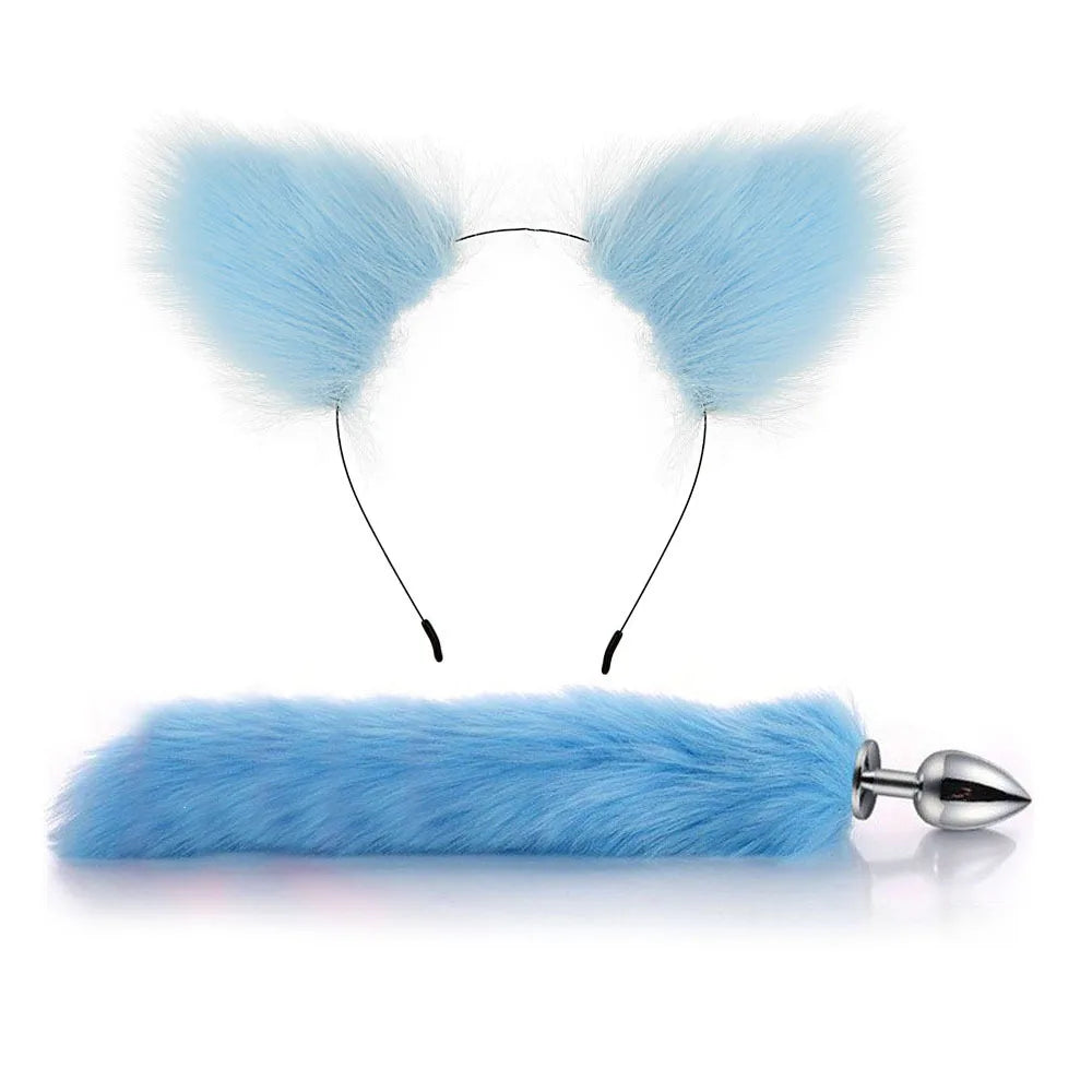 Cute Fox Tail Anal Plug Bow-Knot Soft Cat Ears Erotic Cosplay Couples Accessories SM Sex Toys for Female Male