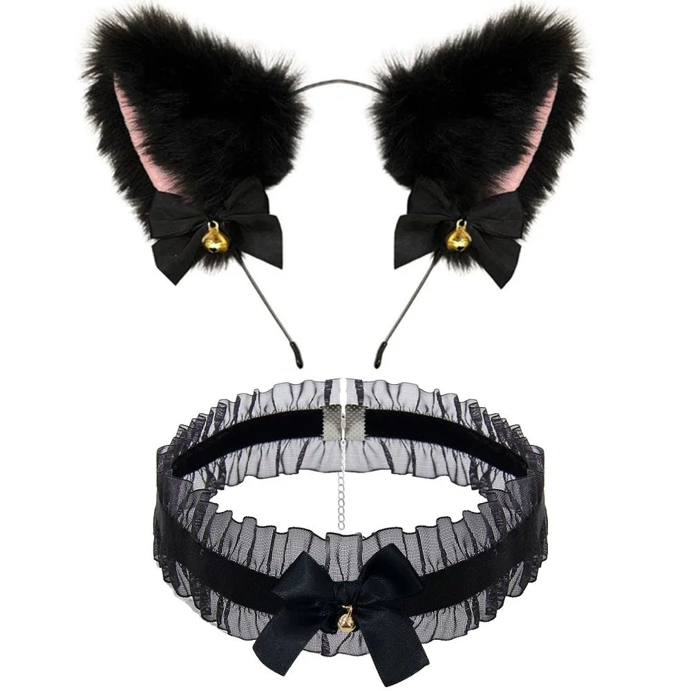 Cute Fox Tail Anal Plug Bow-Knot Soft Cat Ears Headbands Collar Erotic Cosplay Couples Accessories SM Sex Toys for Female Male